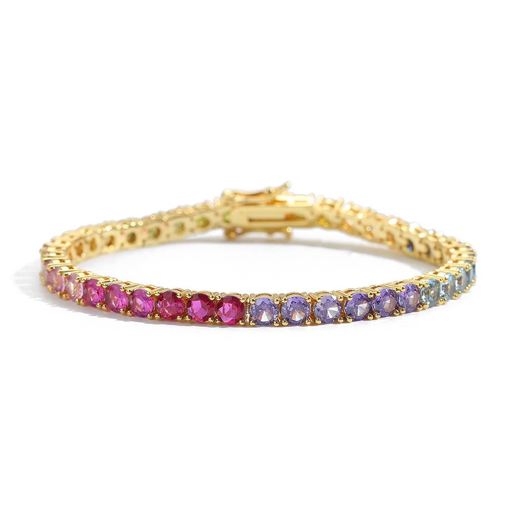 Gold Rainbow Zircon Tennis Bracelet – 4mm Single Row Hip Hop Jewelry with Dragon Clasp (7 Inch)
