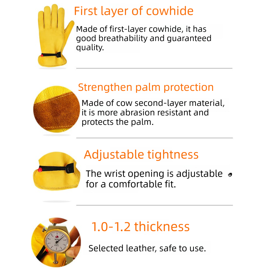 Size XL Golden Yellow Top-Grain Cowhide Protective Work Gloves, Durable Wear-Resistant Labor Safety Solution for Local Industrial Professionals