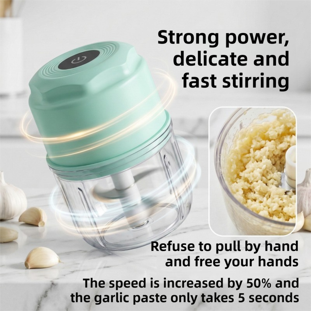 Green Cordless Electric Mini Food Chopper with 316 Stainless Steel Blades - Portable 300ml Garlic Crusher & Meat Grinder, One-Touch Operation
