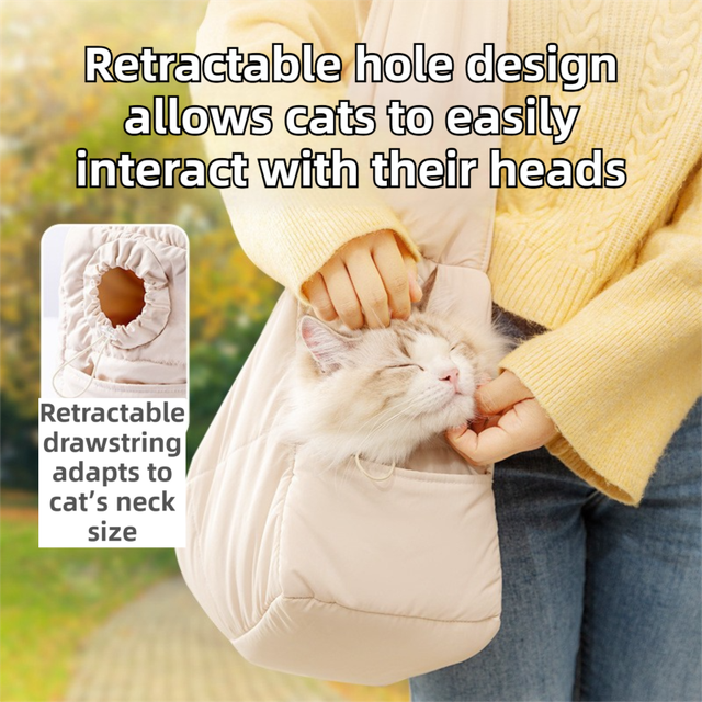 Beige Foldable Insulated Quilted Pet Shoulder Bag with Adjustable Peep Hole & Safety Buckle - Thickened Warm Travel Tote for Small Dogs & Cats Within 5.7KG