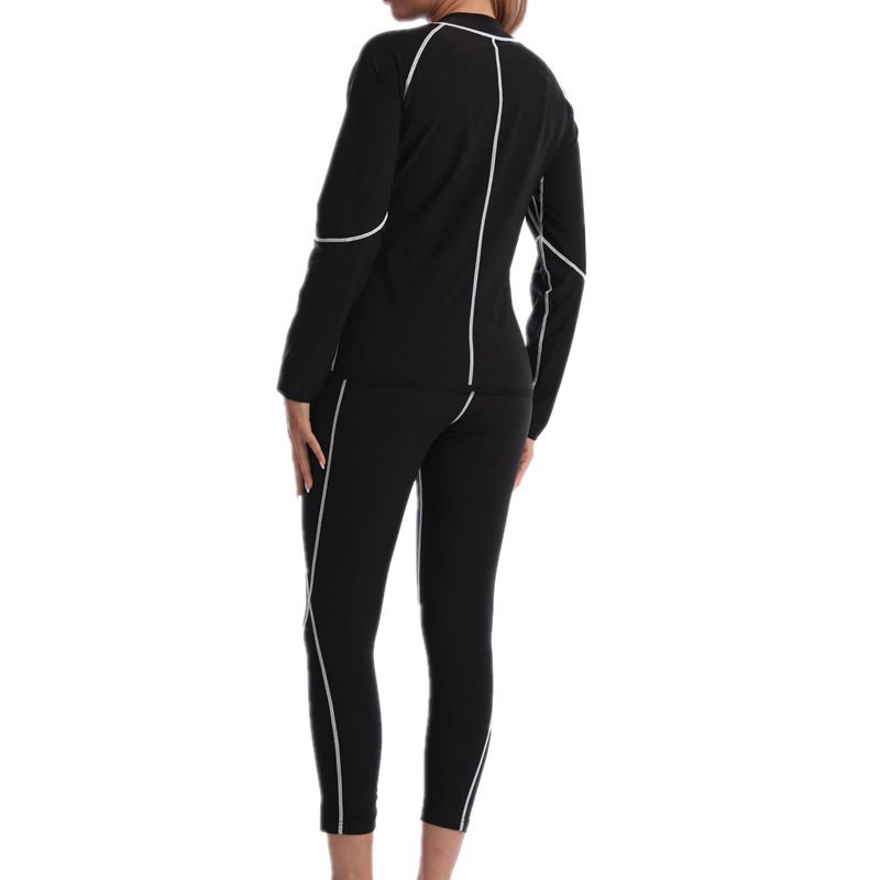 3XL Size Black and Blue Women's Workout Sauna Sweat Suit Set: Long Sleeve & Leggings - High Elasticity Compression Shapewear for Weight Loss & Yoga