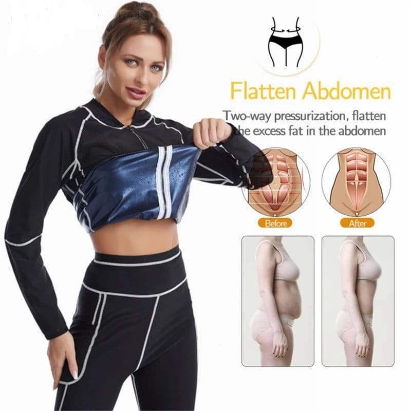 2XL Size Black and Silver Women's Workout Sauna Sweat Suit Set: Long Sleeve & Leggings - High Elasticity Compression Shapewear for Weight Loss & Yoga