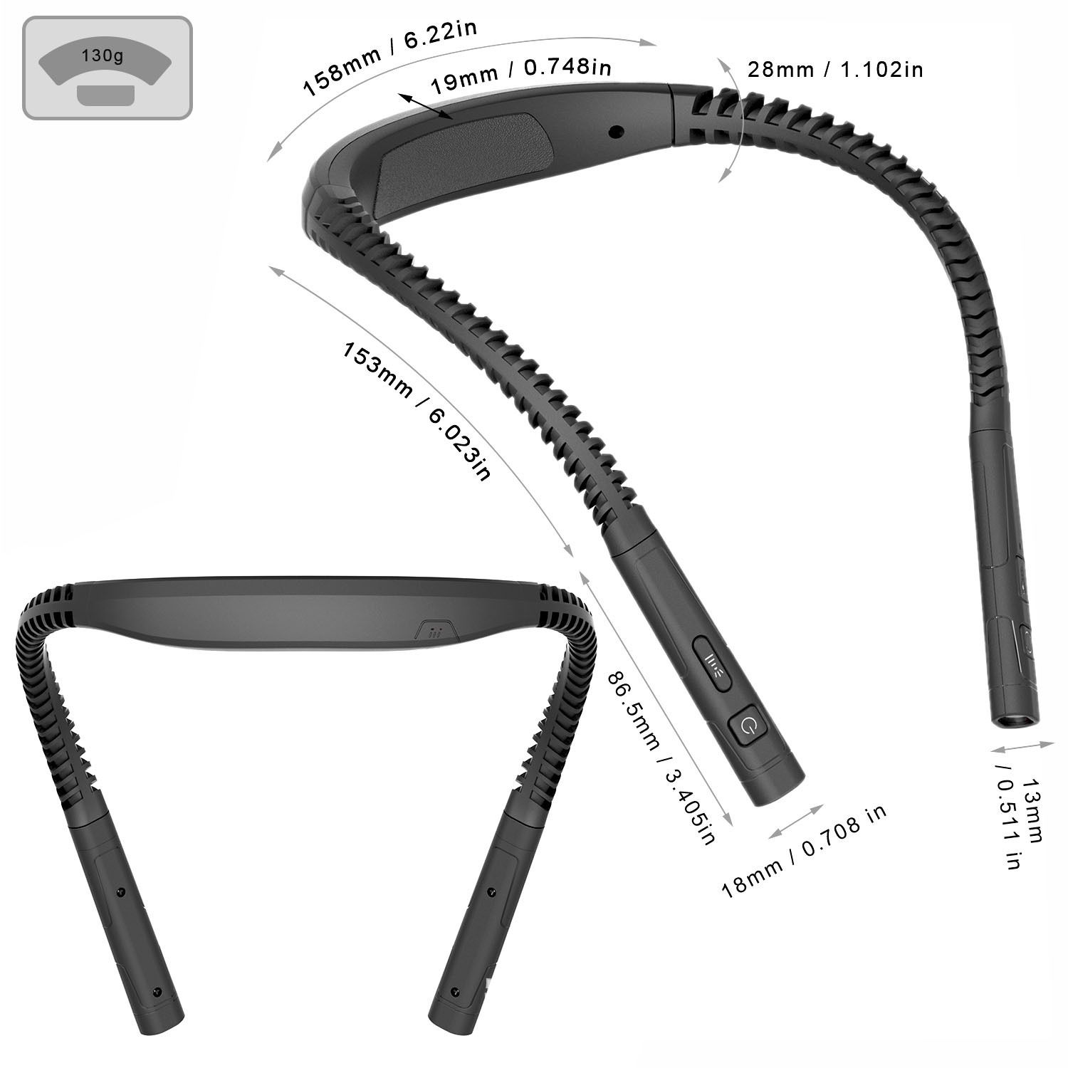 Black LED Rechargeable Ergonomic Neck Reading & Running Light - Timer, 3 Color & 5 Brightness - Eye-Caring Hands-Free Flexible Book Light