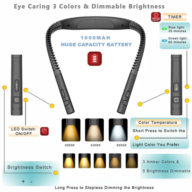 Black LED Rechargeable Ergonomic Neck Reading & Running Light - Timer, 3 Color & 5 Brightness - Eye-Caring Hands-Free Flexible Book Light
