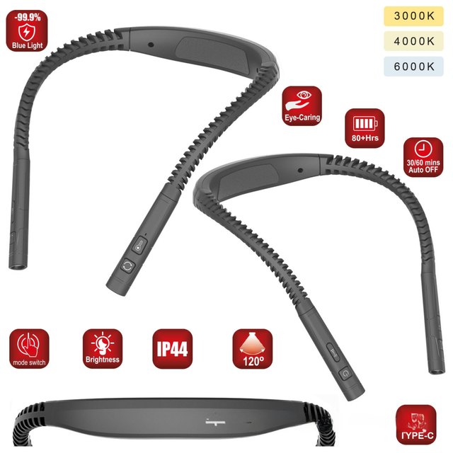 Black LED Rechargeable Ergonomic Neck Reading & Running Light - Timer, 3 Color & 5 Brightness - Eye-Caring Hands-Free Flexible Book Light