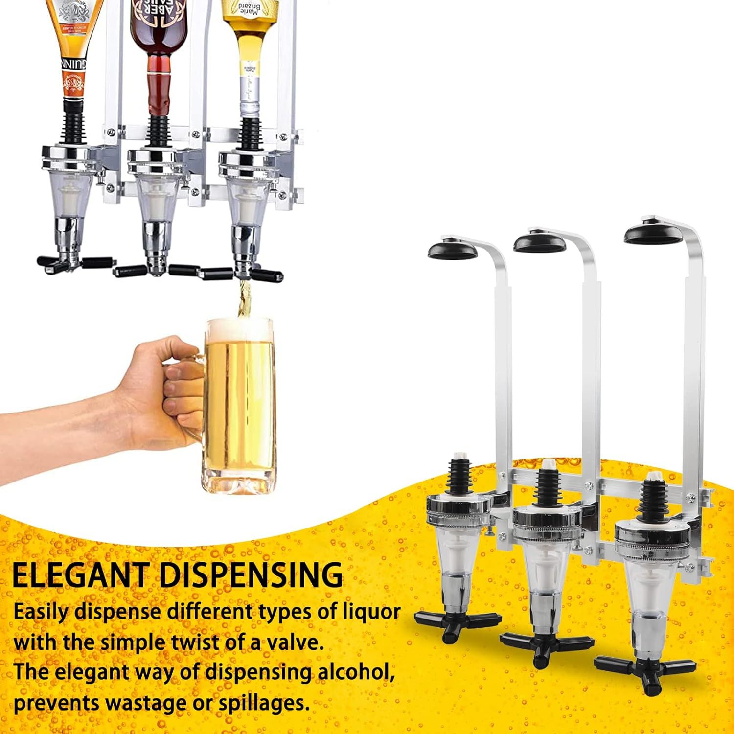 Professional Wall-Mounted Alcohol Tot Dispenser (2 Head) - Heavy Duty Adjustable Metal Wine Rack Decor with Spring-Loaded Bottle Holder