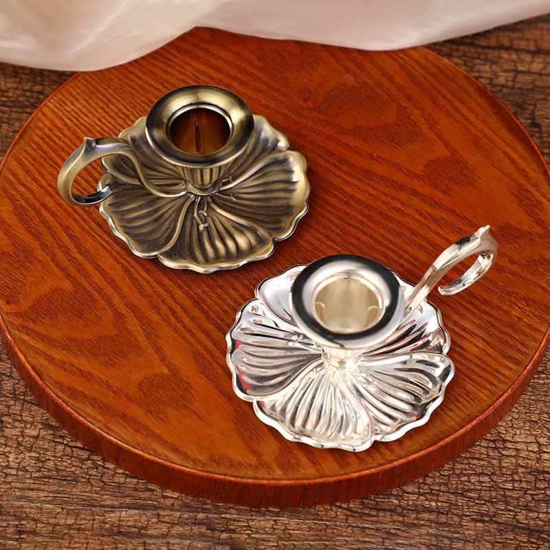 Silver European Vintage Handheld Chamberstick with Finger Loop - Minimalist Metal Candlestick Tray for Weddings, Festivals & Tables Decor
