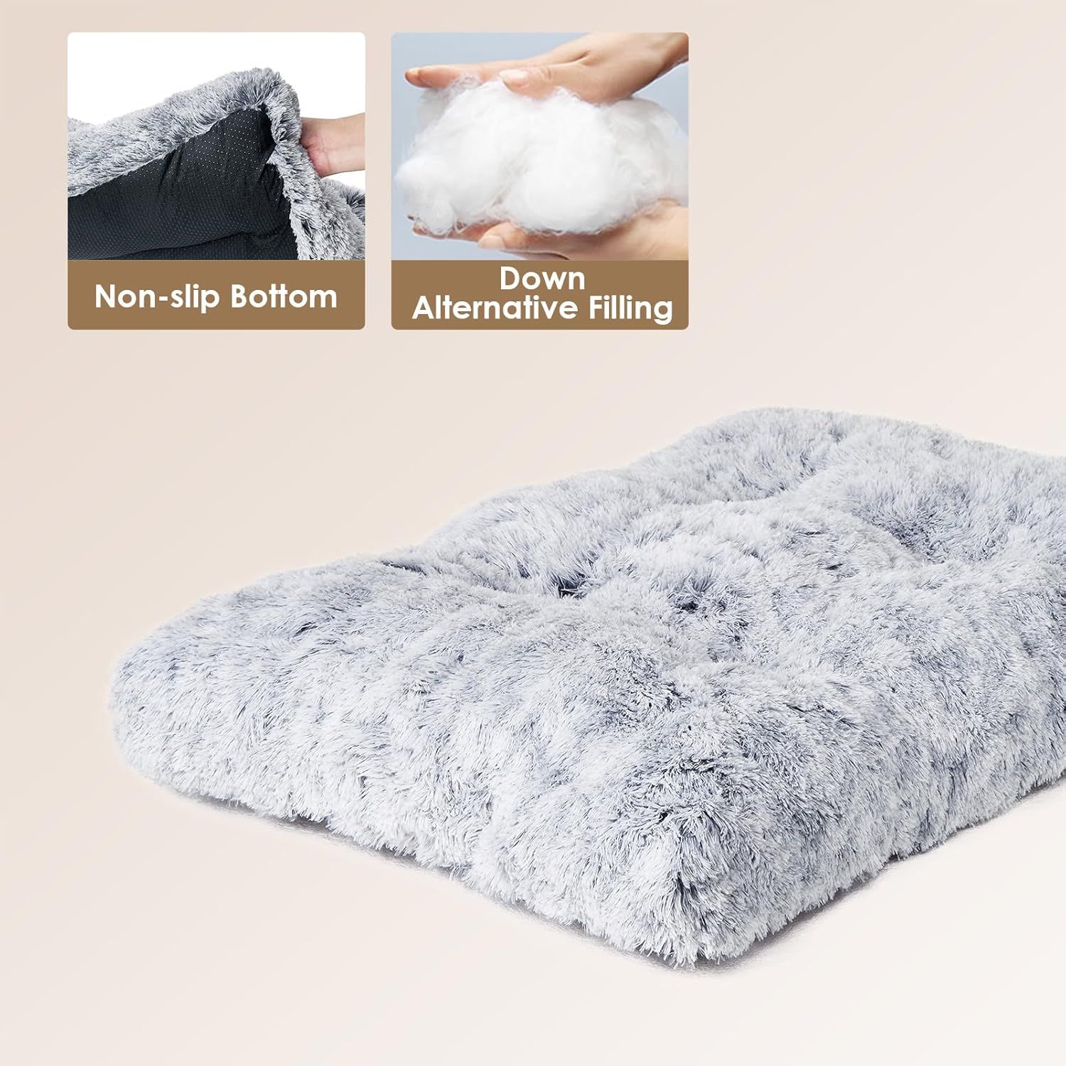 80 x 55 CM Winter Long Plush Dog Bed for Large Dogs - 10CM Thickened Fluffy Faux Fur Pad - Calming Anti Anxiety Pet Cushion with Non-Slip Bottom, Removable & Washable Heavy Duty Bedding, Grey L Size