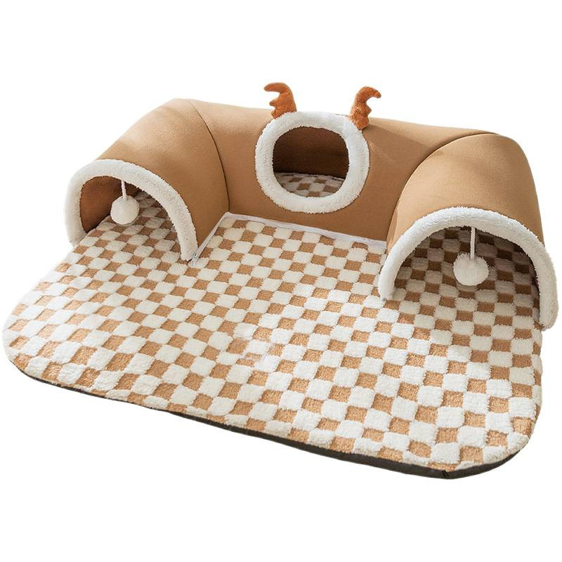 Brown S size Cat Tunnel Bed House 4-Season Universal Removable Washable U-Shaped Cat Cave with Multi-Entrance, Plush Hideaway Pet Nest with Detachable Mat for Indoor Cats, Non-Slip Bottom, Multi-Cat Friendly