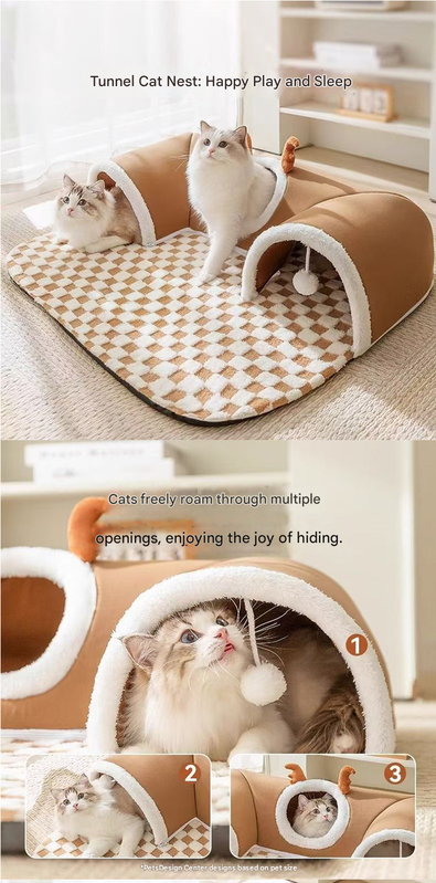 Grey XL size Cat Tunnel Bed House 4-Season Universal Removable Washable U-Shaped Cat Cave with Multi-Entrance, Plush Hideaway Pet Nest with Detachable Mat for Indoor Cats, Non-Slip Bottom, Multi-Cat Friendly