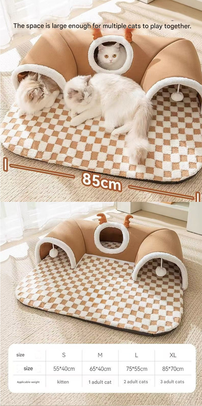 Grey XL size Cat Tunnel Bed House 4-Season Universal Removable Washable U-Shaped Cat Cave with Multi-Entrance, Plush Hideaway Pet Nest with Detachable Mat for Indoor Cats, Non-Slip Bottom, Multi-Cat Friendly