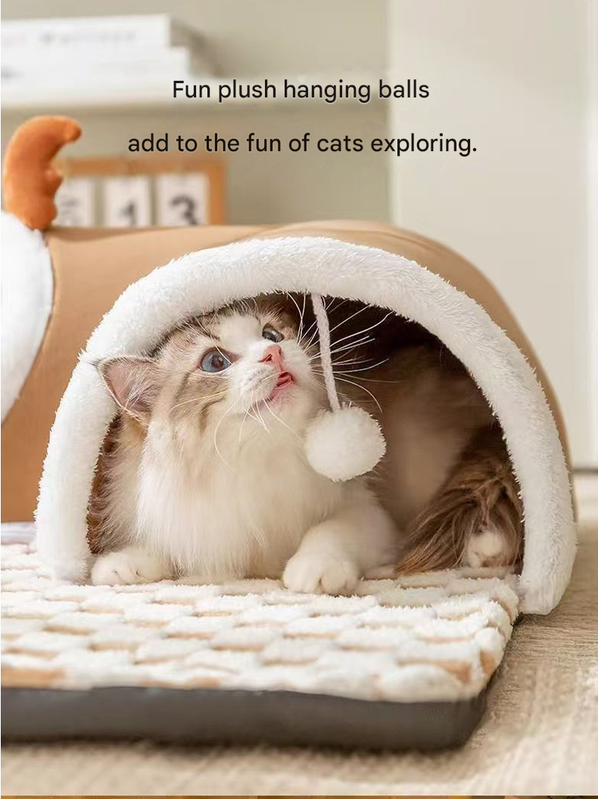Grey XL size Cat Tunnel Bed House 4-Season Universal Removable Washable U-Shaped Cat Cave with Multi-Entrance, Plush Hideaway Pet Nest with Detachable Mat for Indoor Cats, Non-Slip Bottom, Multi-Cat Friendly