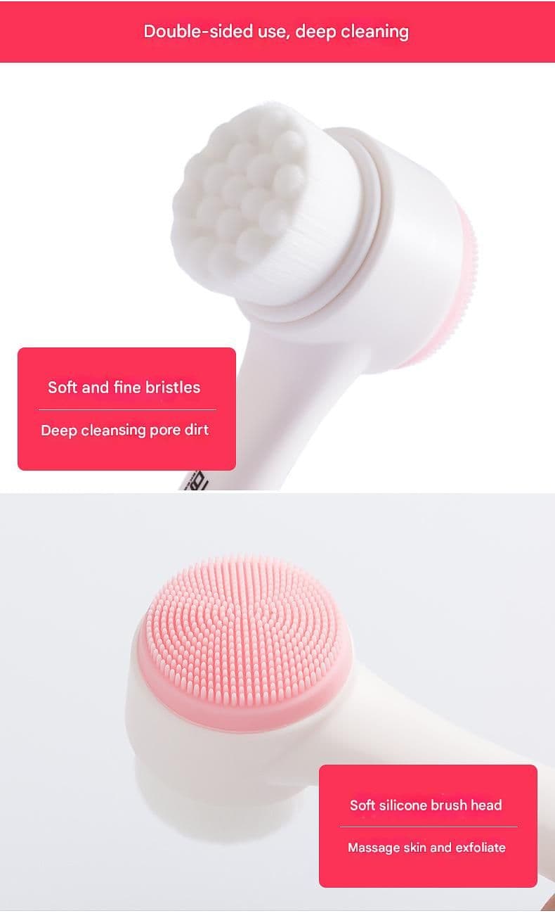3D Dual-Sided Facial Cleansing Brush Silicone and Soft Bristle Manual Face Scrubber for Deep Pore Cleaning Exfoliation Pink