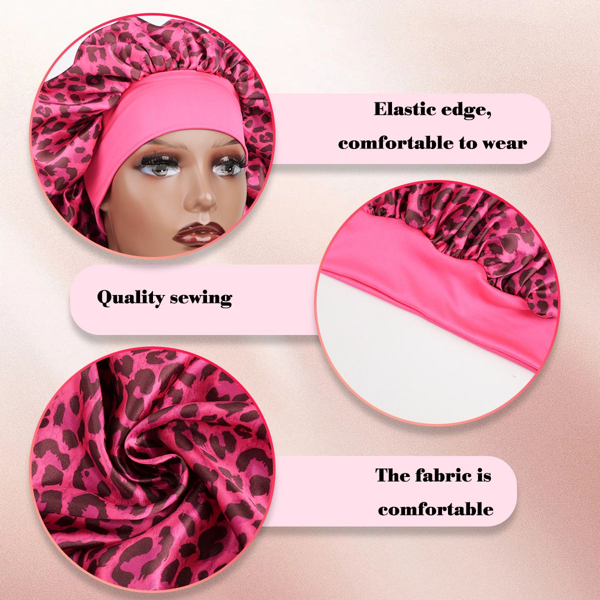 Capiricorn -Rose Red Leopard Print Satin Sleep Bonnet - Large Size Hair Protection Cap with Elastic Band, Soft Lined for Curly Hair, Night Wear and Spa Use