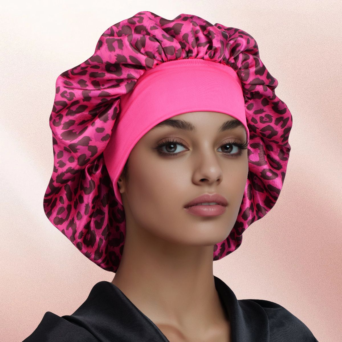 Capiricorn -Rose Red Leopard Print Satin Sleep Bonnet - Large Size Hair Protection Cap with Elastic Band, Soft Lined for Curly Hair, Night Wear and Spa Use