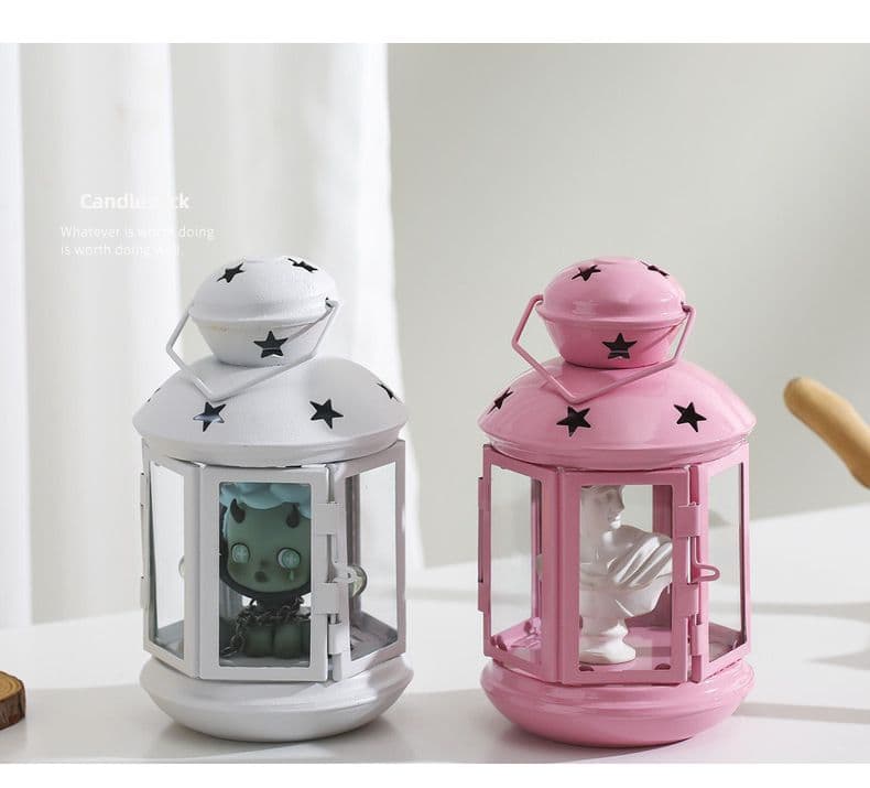 3-piece White and Pink and Red European Style Star Cutout Metal Candle Lantern - Handcrafted Iron & Glass Decorative Lamp for Christmas, Home, Wedding, Party Easy to carry - Perfect for Living Room, Bedroom, Study