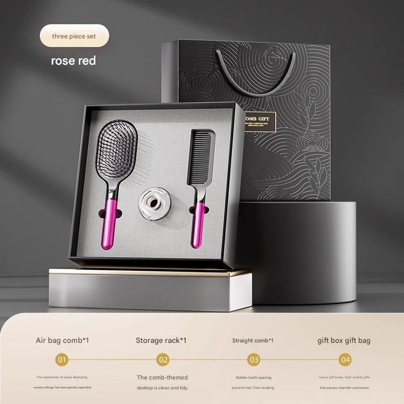 Rose Red 3-Piece Gift Box Set Premium ABS Hair Care Gift Set with Cushion Paddle Brush, Detangling Comb, Cleaning Brush & Stand - Elegant Mother’s Day or Couple’s Gift for Daily Styling and Scalp Comfort