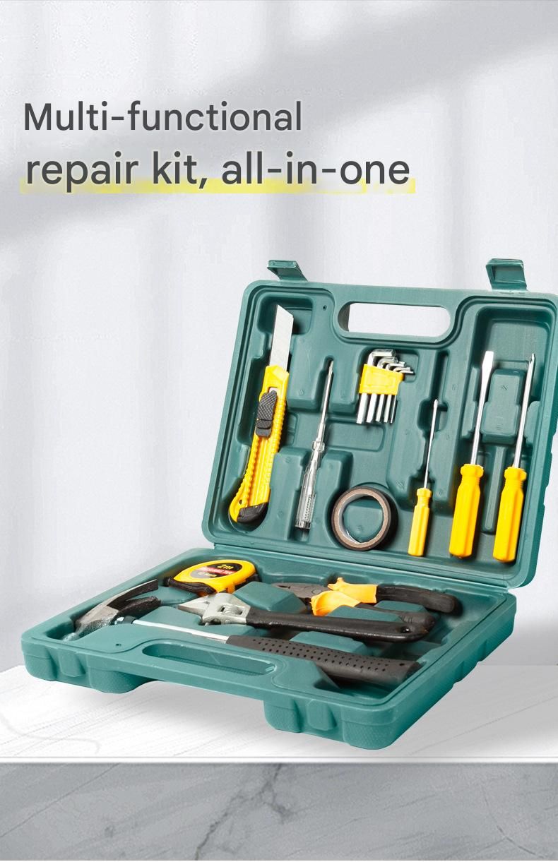 Green 9 Piece Set -Multi-Purpose Home & Car Tool Kit - Durable Blow-Molded Case, Utility Knife, Tape Measure, Pliers, Hammer, Screwdrivers, Allen Keys - Compact Emergency Repair Set for DIY and Auto Maintenance
