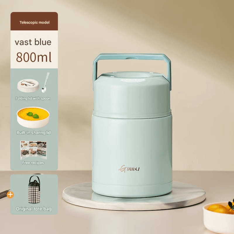 Thermal Food Jar Portable Insulated Stew Container 800ml Stainless Steel Retractable Handle Blue