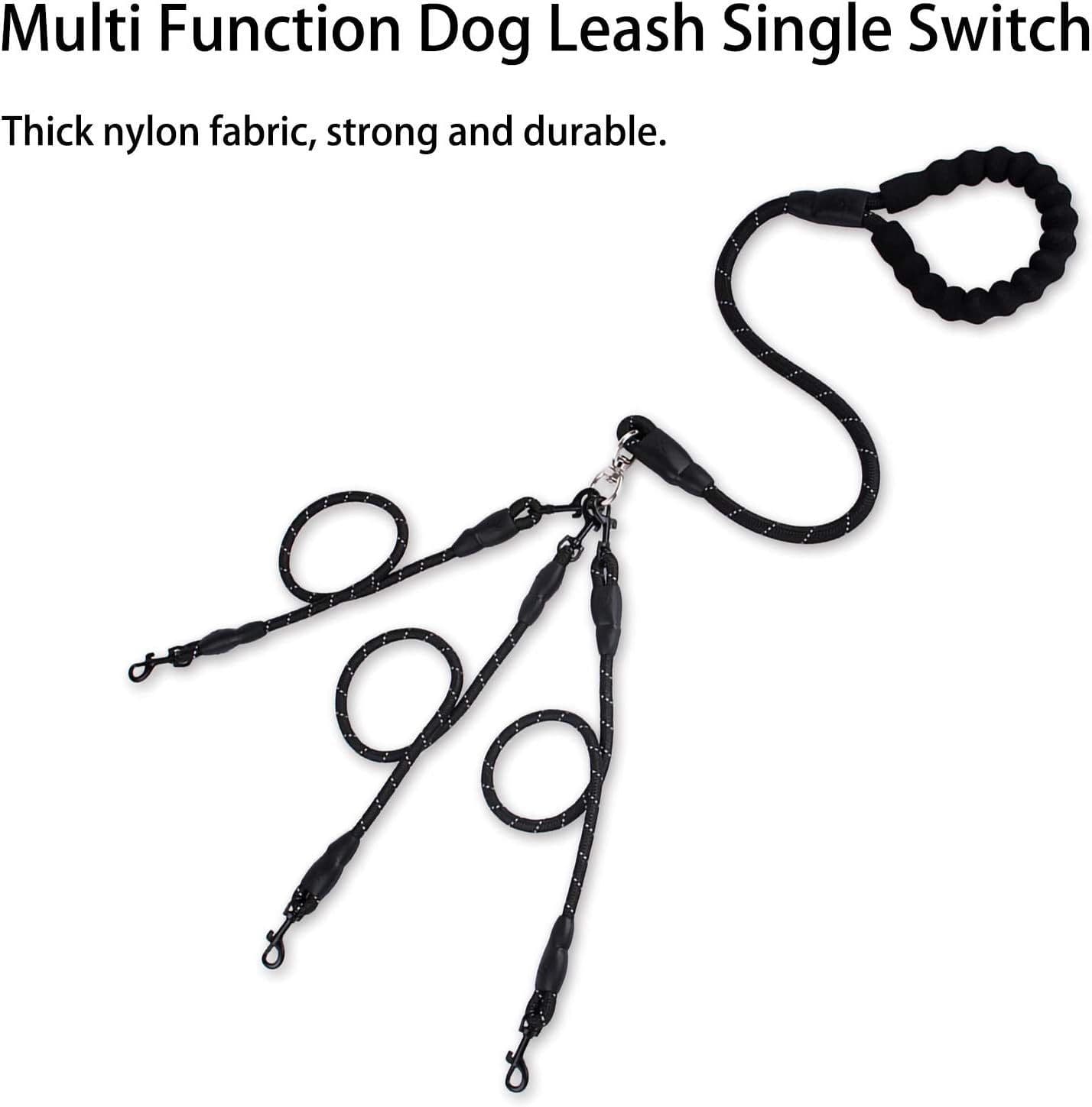 Dog Leash 3-in-1 No-Tangle Heavy Duty 360° Swivel Bungee Coupler Reflective Nylon Black