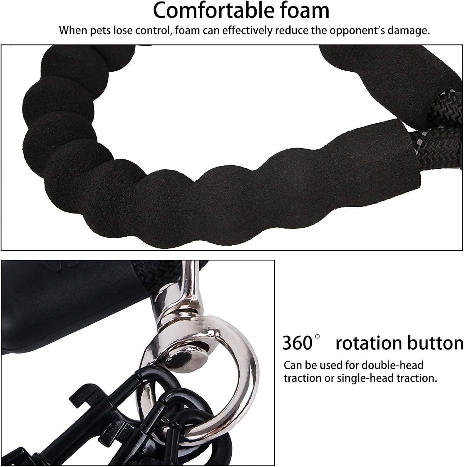 Dog Leash 3-in-1 No-Tangle Heavy Duty 360° Swivel Bungee Coupler Reflective Nylon Black