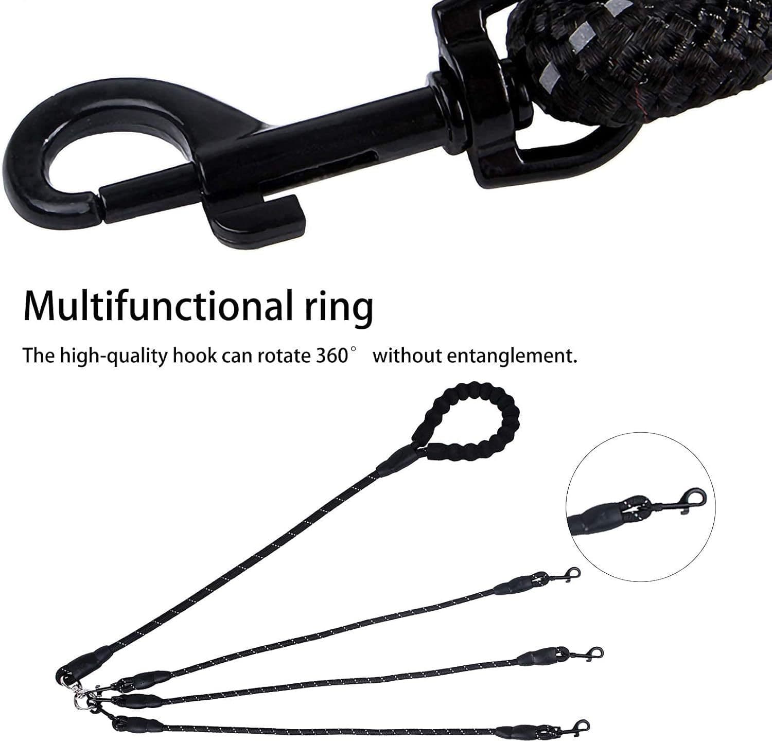 Dog Leash 3-in-1 No-Tangle Heavy Duty 360° Swivel Bungee Coupler Reflective Nylon Black