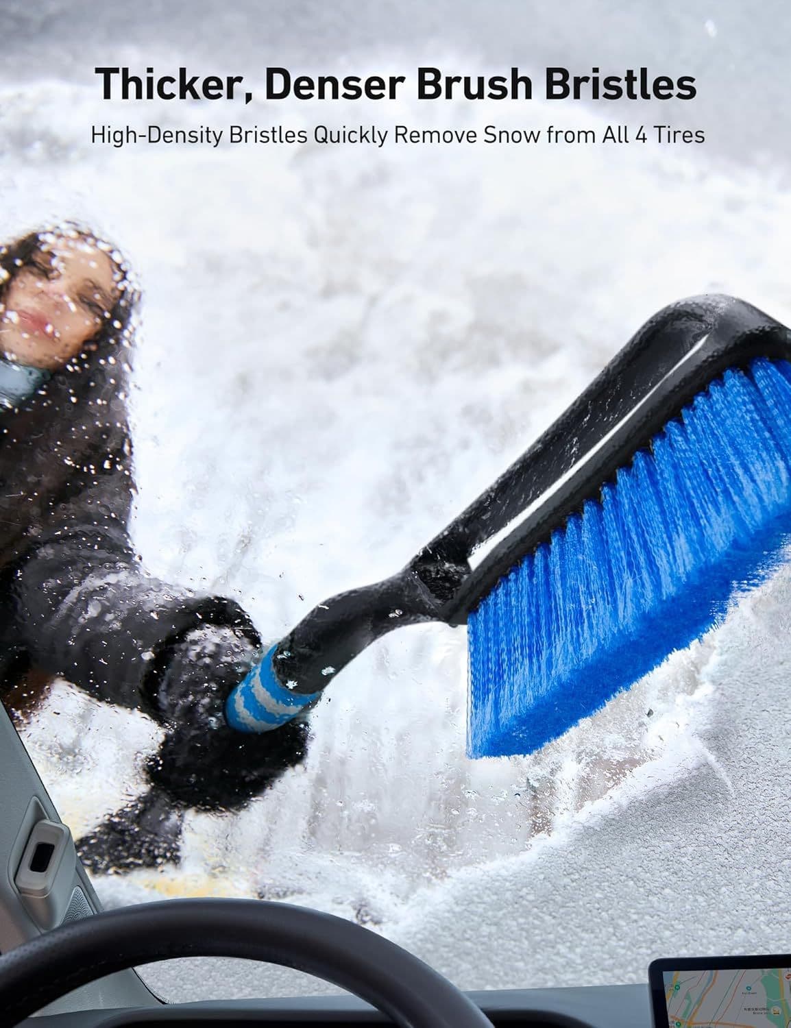 Car Snow Brush and Ice Scraper 27 Inch 2-in-1 Detachable Tool with Soft Foam Grip and Paint-Safe Scraping Chutes Blue