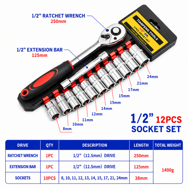 12PCS Portable 1/2 Inch Ratchet Socket Wrench Set - 10 Sizes Metric Socket Set, Quick Release Reversible Ratchet Wrench and Extension Bar for Car Repair Garage and Auto Maintenance