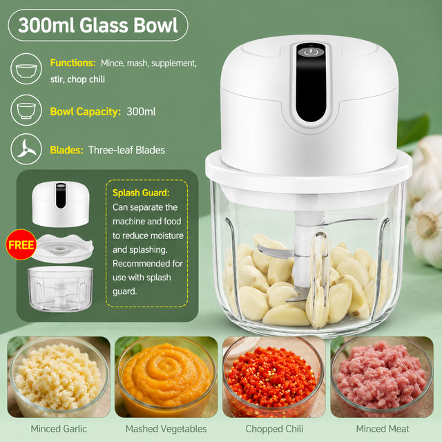 Blue 300ML Electric Mini Food Processor & Garlic Chopper with Glass Bowl, 3 Stainless Steel Blades & USB Charging – Portable Smasher & Meat Grinder for Vegetable,Chili,Fruits,Ginger and Baby Food,Seasoning