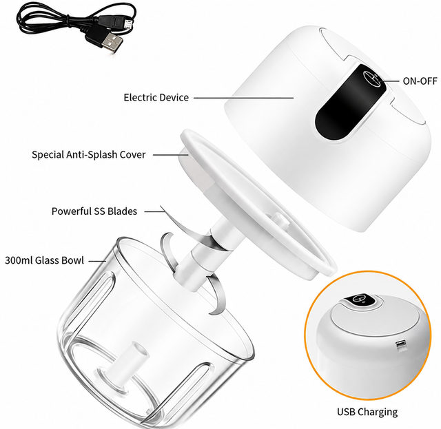 Blue 300ML Electric Mini Food Processor & Garlic Chopper with Glass Bowl, 3 Stainless Steel Blades & USB Charging – Portable Smasher & Meat Grinder for Vegetable,Chili,Fruits,Ginger and Baby Food,Seasoning