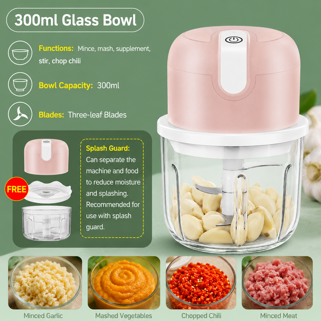 Pink 300ML Electric Mini Food Processor & Garlic Chopper with Glass Bowl,3 Stainless Steel Blades & USB Charging – Portable Smasher & Meat Grinder for Vegetable,Chili,Fruits,Ginger and Baby Food,Seasoning
