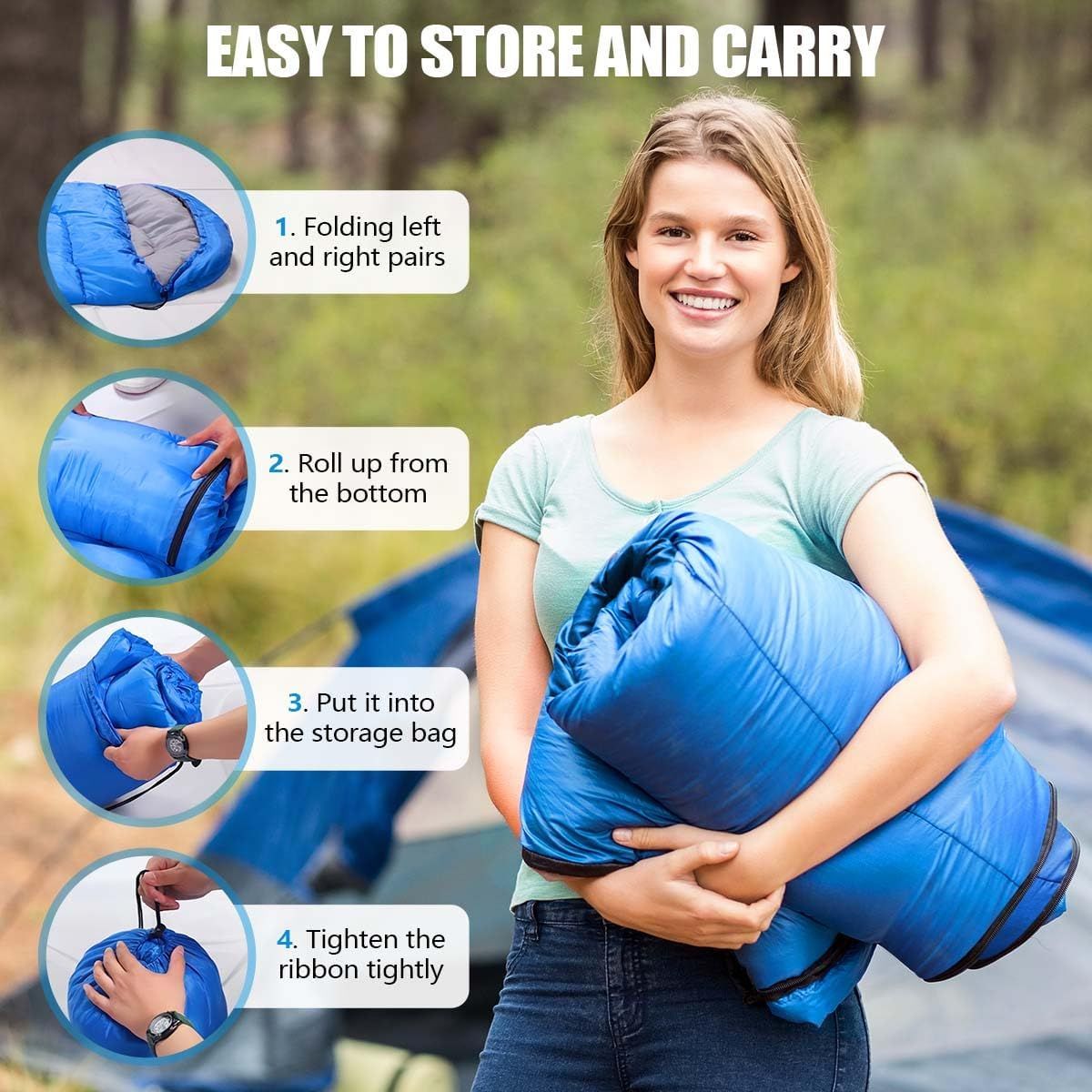 2-in-1 Winter Camping Warmth Kit with Carry Bag: 210 * 75cm Blue Portable Waterproof Warm Sleeping Bag and 200 * 140cm Large Black Double Layer Waterproof Fleece Camping Blanket for Hiking Travel Indoor Outdoor Use
