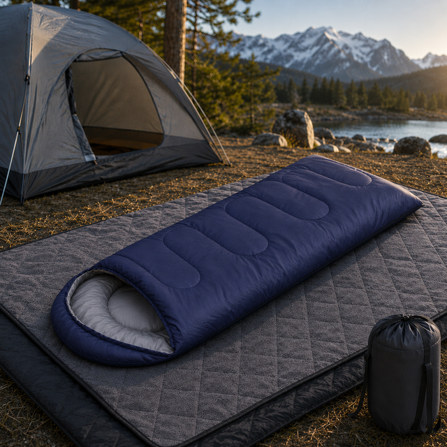 2-in-1 Winter Camping Warmth Kit with Carry Bag: 210 * 75cm Navy Blue Portable Waterproof Warm Sleeping Bag and 200 * 140cm Large Black Double Layer Waterproof Fleece Camping Blanket for Hiking Travel Indoor Outdoor Use
