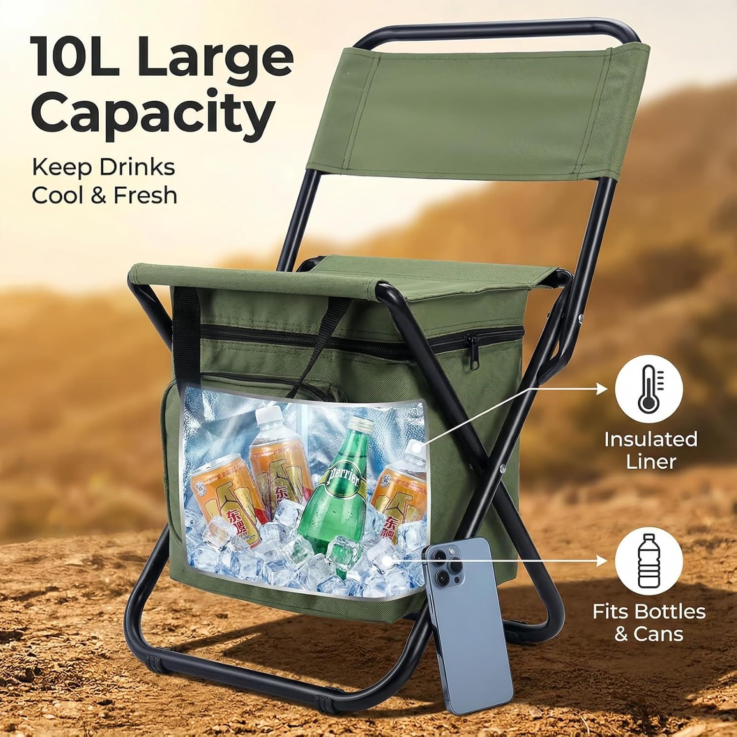 3-in-1 Blue Large Portable Folding Camping Chair with Zippered Cooler Bag and 35*35cm Thick Plush Seat Cushion, Outdoor Fishing and Picnic Stool with Backrest and 25 *27 *18.5cm Insulated Storage Pocket