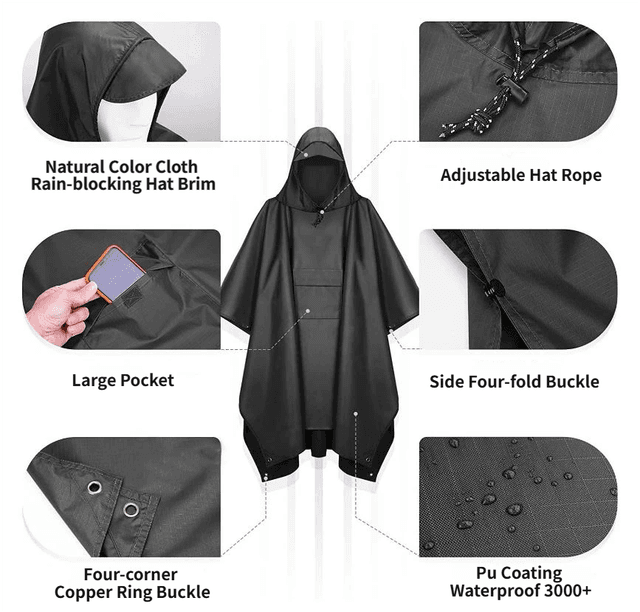 3-in-1 Brown Camping Rain Poncho / Outdoor Shelter Tarp / Ground Sheet (82.7 x 55 inch) with 2 Pairs Rain Shoe Covers - Large Backpack Coverage, Drawstring Hood and Carry Bag for Hiking Trekking Cycling Use
