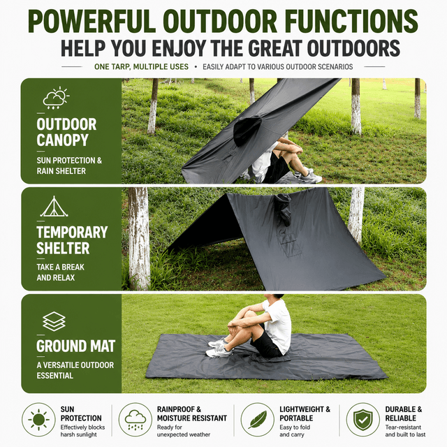 3-in-1 Brown Camping Rain Poncho / Outdoor Shelter Tarp / Ground Sheet (82.7 x 55 inch) with 2 Pairs Rain Shoe Covers - Large Backpack Coverage, Drawstring Hood and Carry Bag for Hiking Trekking Cycling Use
