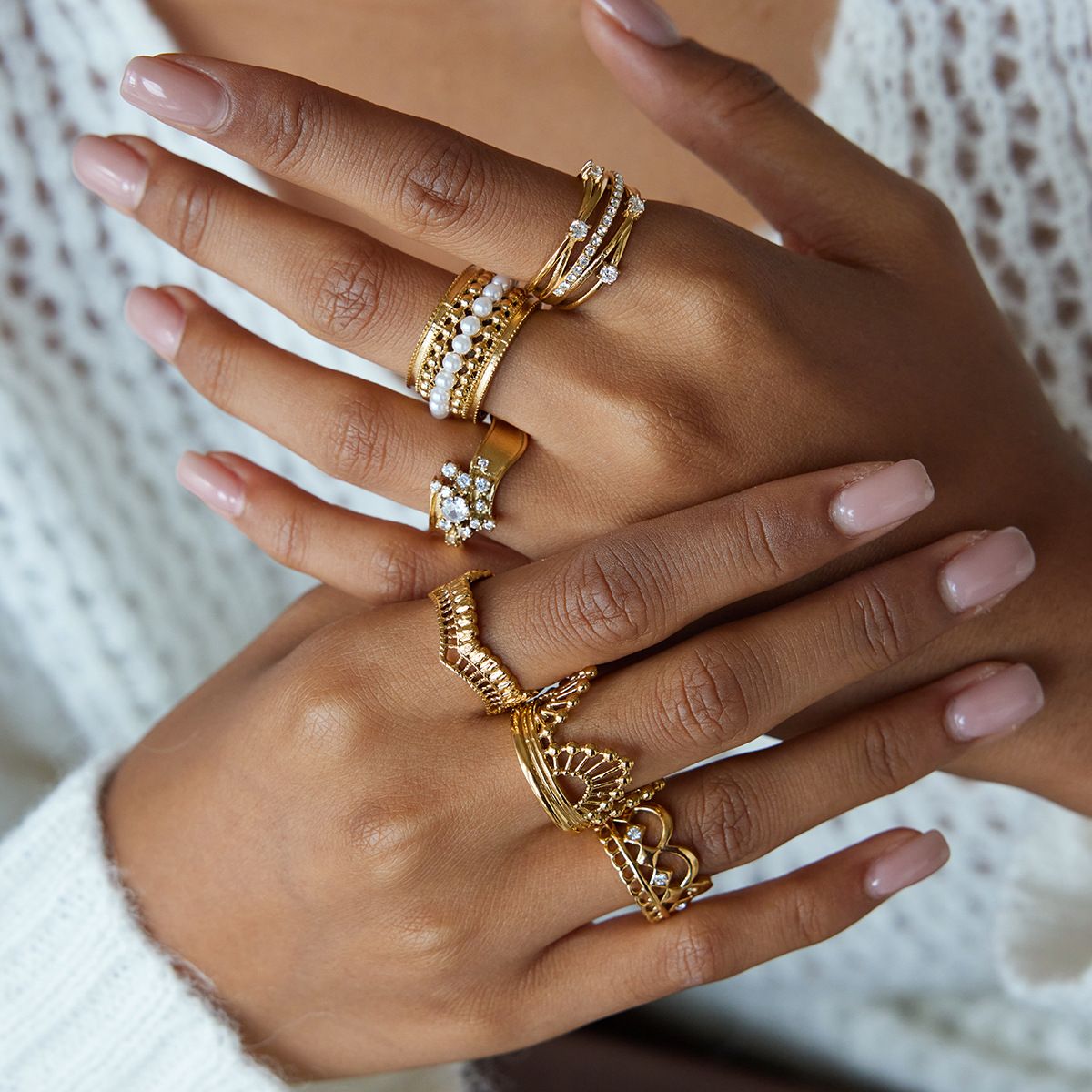 Style 1 Vintage Gold-Plated Stainless Steel Ring for Women - Waterproof Hypoallergenic Stackable Statement Rings, Crown Pearl Crystal & Lace Style Collection Size 7 Inner Diameter 0.68 in