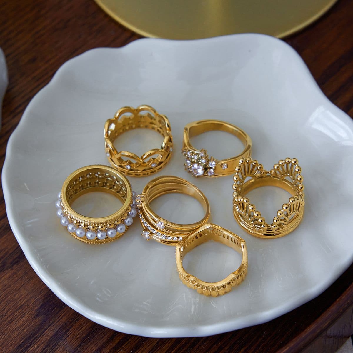 Style 2 Vintage Gold-Plated Stainless Steel Ring for Women - Waterproof Hypoallergenic Stackable Statement Rings, Crown Pearl Crystal & Lace Style Collection Size 7 Inner Diameter 0.68 in