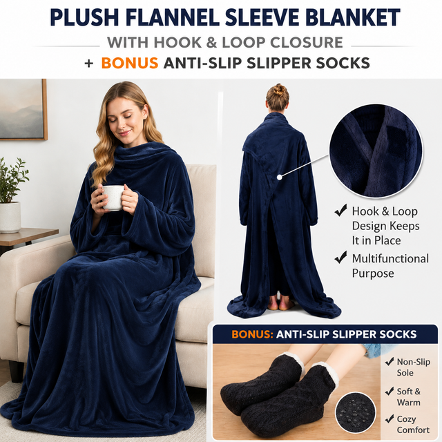 Winter Cozy Warm Loungewear Gift Set – 150 x 180CM Navy Blue Flannel Fleece Wearable Blanket with Adjustable Sleeves Large Front Pocket and Back Velcro Closure, Free L Size Sherpa Fleece Cable Knit Anti-Slip Slipper Socks for Home Relaxation