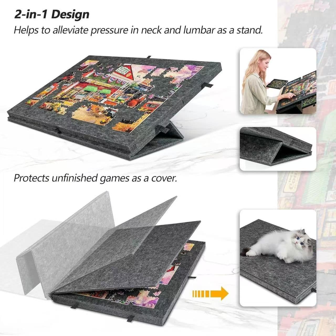 Foldable Anti-Slip Felt Jigsaw Puzzle Board with 6 Sorting Drawers Lightweight 1000 Piece Puzzle Table Mat Silver Grey