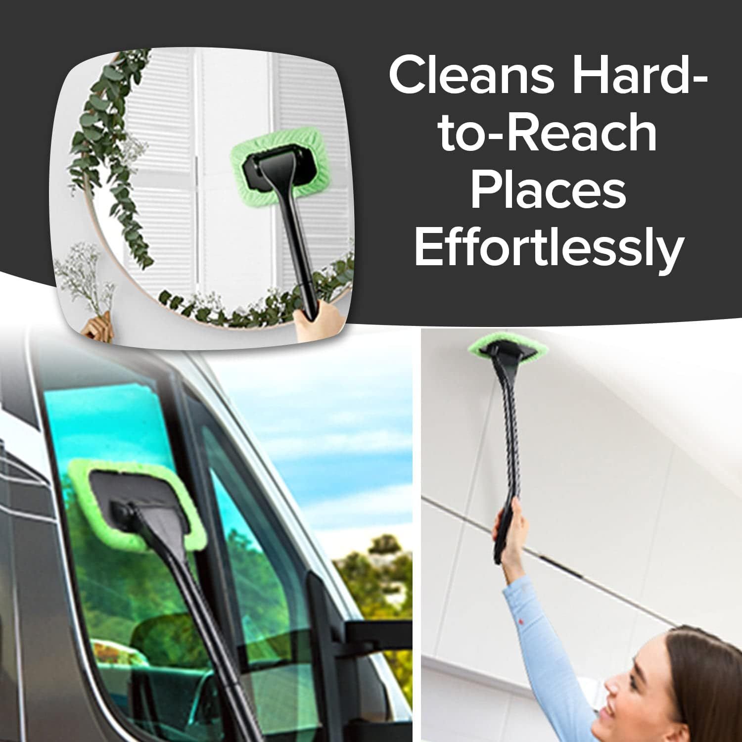 Car Windshield Rotating Defogger Cleaner Brush with 6 Washable Microfibre Pads, Spray Bottle and Detachable Handle for Home Car Fog Dust Stain Removal