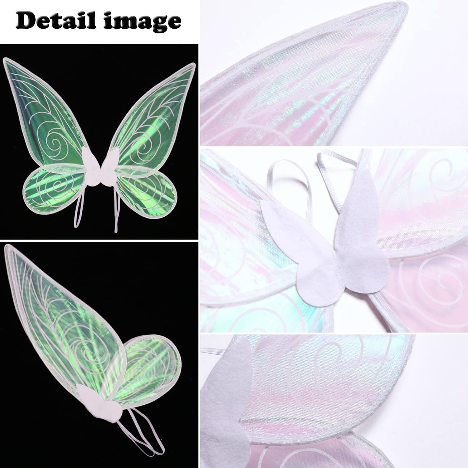 White Fairy Shimmering Butterfly Wings Costume with Elastic Shoulder Strap – Iridescent Translucent Angel Dress-Up Wings, Lightweight and Foldable for Girls, Princess Party, Halloween & Cosplay Accessory