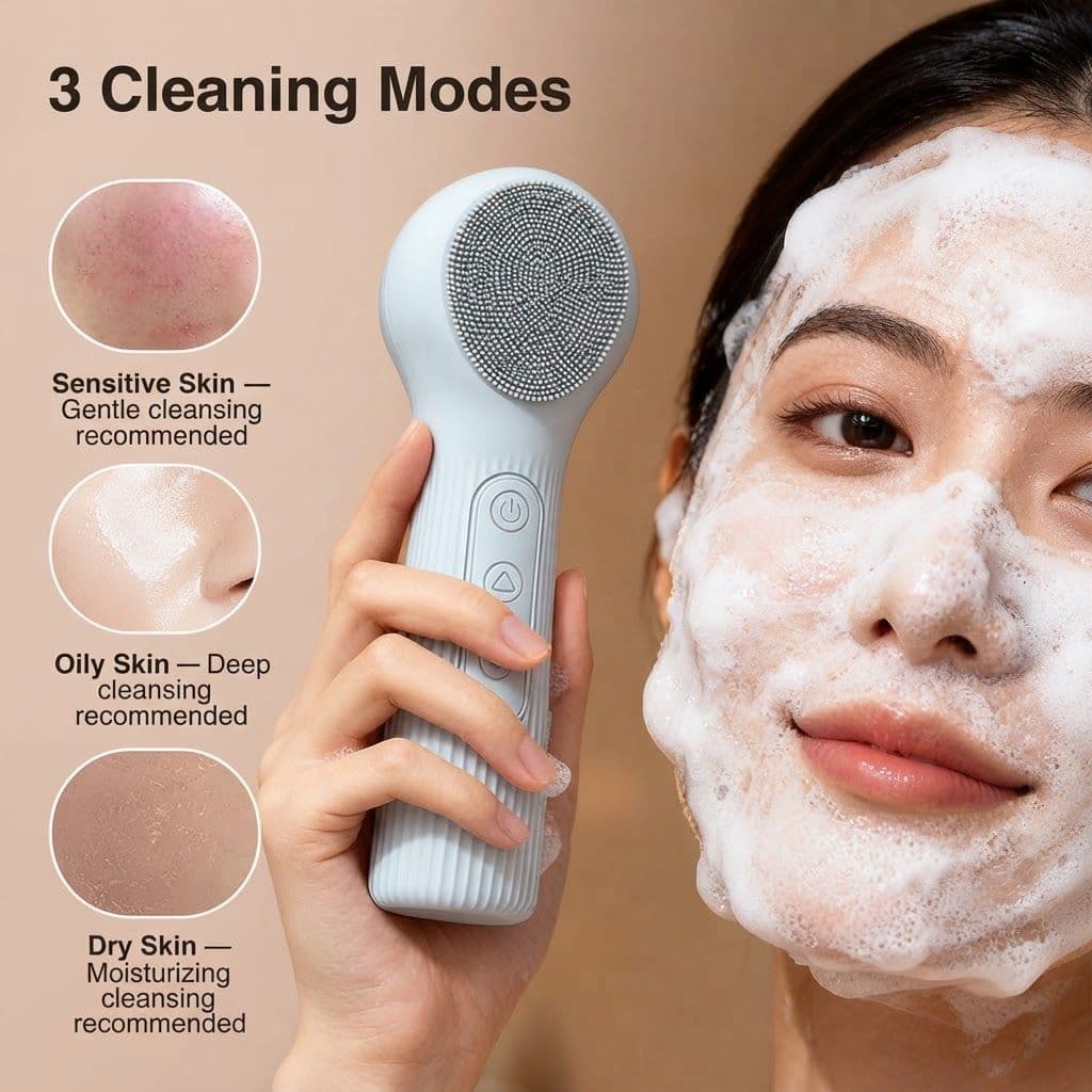 Sonic Facial Cleansing Brush 45°C Constant Heating Dual-Sided Silicone Electric Face Scrubber IPX7 Waterproof Blue with 3 Piece Foaming Nets Set
