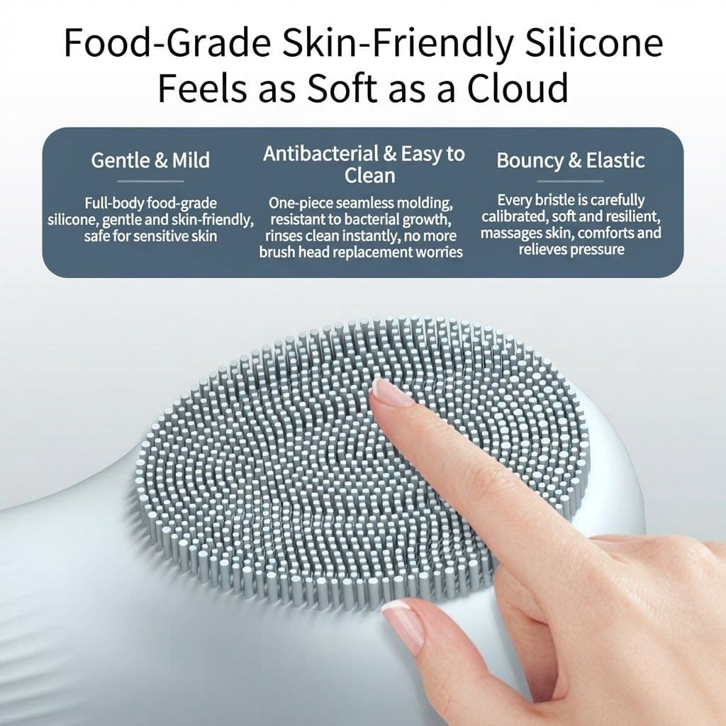 Sonic Facial Cleansing Brush 45°C Constant Heating Dual-Sided Silicone Electric Face Scrubber IPX7 Waterproof Blue with 3 Piece Foaming Nets Set