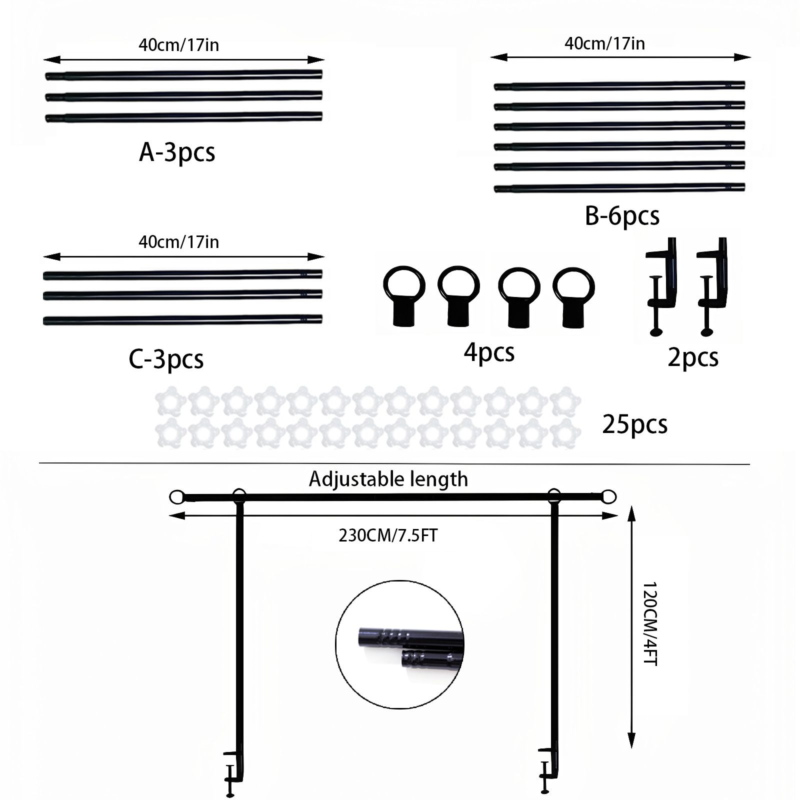 Black Iron Over Table Arch Display Stand with Fixed Clamps and Buckles for Balloons and Decorations, L 120-230cm & H 78-120cm Adjustable Wedding Party Table Rod Backdrop Frame for Birthday, Baby Showers and Celebrations