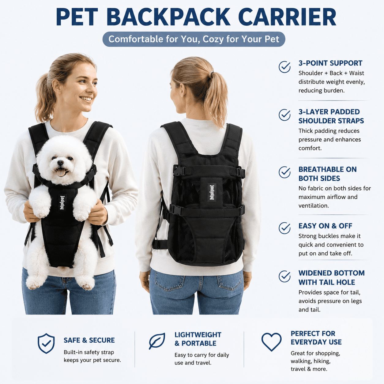 Black Hands Free Adjustable Dog Carrier Backpack with 3-Point Support, Reserved Tail Opening and Wide Padded Straps - Chest & Back Dual Use, Breathable on Both Sides and Quick-release Safety Buckles for Walking Bike Travel Outdoor Use, S Size