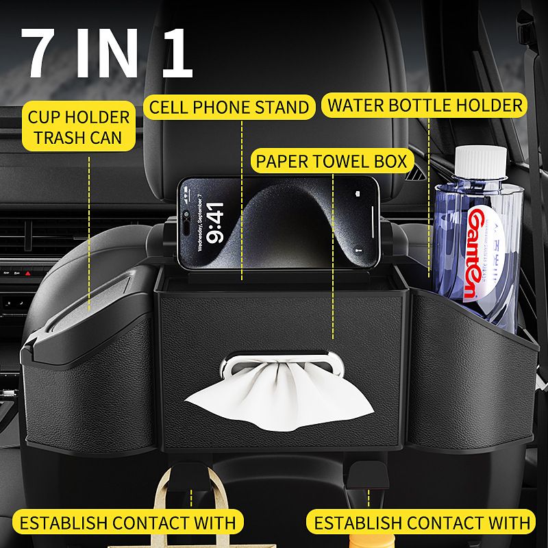 Middle Black Multifunctional Car Seat Back Storage Boxand Trash Can – PVC Leather Vehicle Hanging Organizer with Tissue Box Holder, Cup Holder, Phone Stand and Dual Hooks for Tidy Daily Commuting & Road Trip