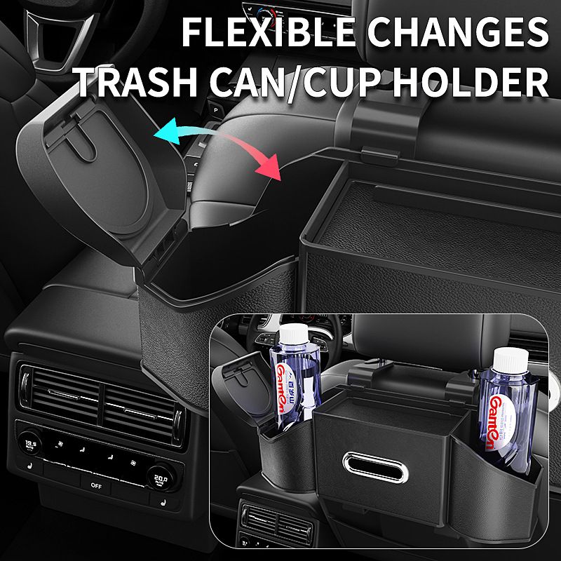 Middle Black Multifunctional Car Seat Back Storage Boxand Trash Can – PVC Leather Vehicle Hanging Organizer with Tissue Box Holder, Cup Holder, Phone Stand and Dual Hooks for Tidy Daily Commuting & Road Trip