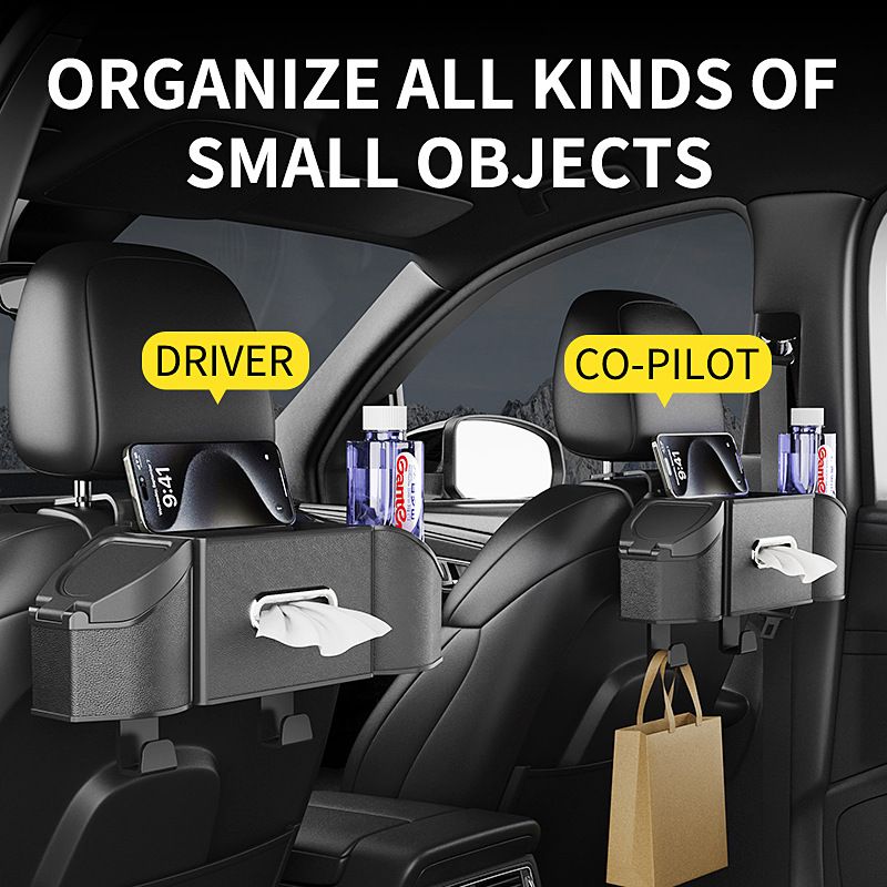 Middle Black Multifunctional Car Seat Back Storage Boxand Trash Can – PVC Leather Vehicle Hanging Organizer with Tissue Box Holder, Cup Holder, Phone Stand and Dual Hooks for Tidy Daily Commuting & Road Trip
