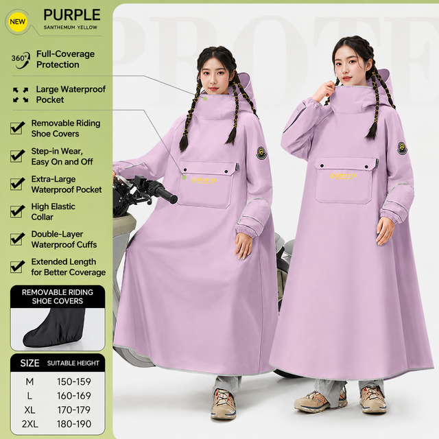 Purple Full Coverage & Extended Cycling Hooded Rain Poncho with Detachable Shoe Covers, XL Size – Thickened Waterproof Oxford Motorcycle Raincoat with Face-Protection Elastic Collar, Large Storage Pocket and Foldable Sleeve Cover for Men Women Outdoo